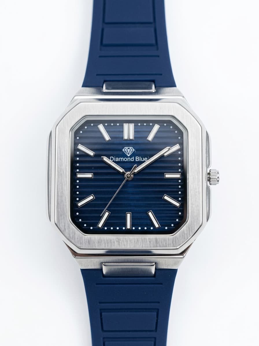 Diamond Blue Octagonal Dial Analog Quartz Movement Silicone Straps Watch