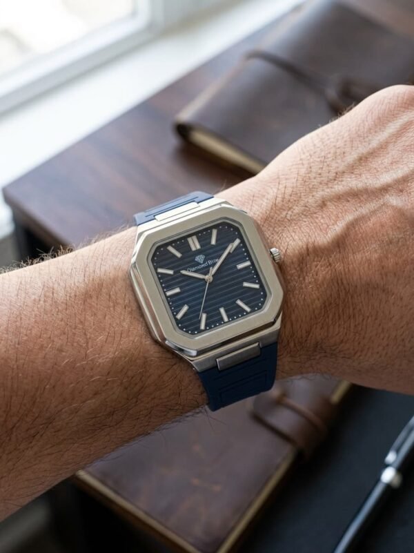 Diamond Blue Octagonal Dial Analog Quartz Movement Silicone Straps Watch